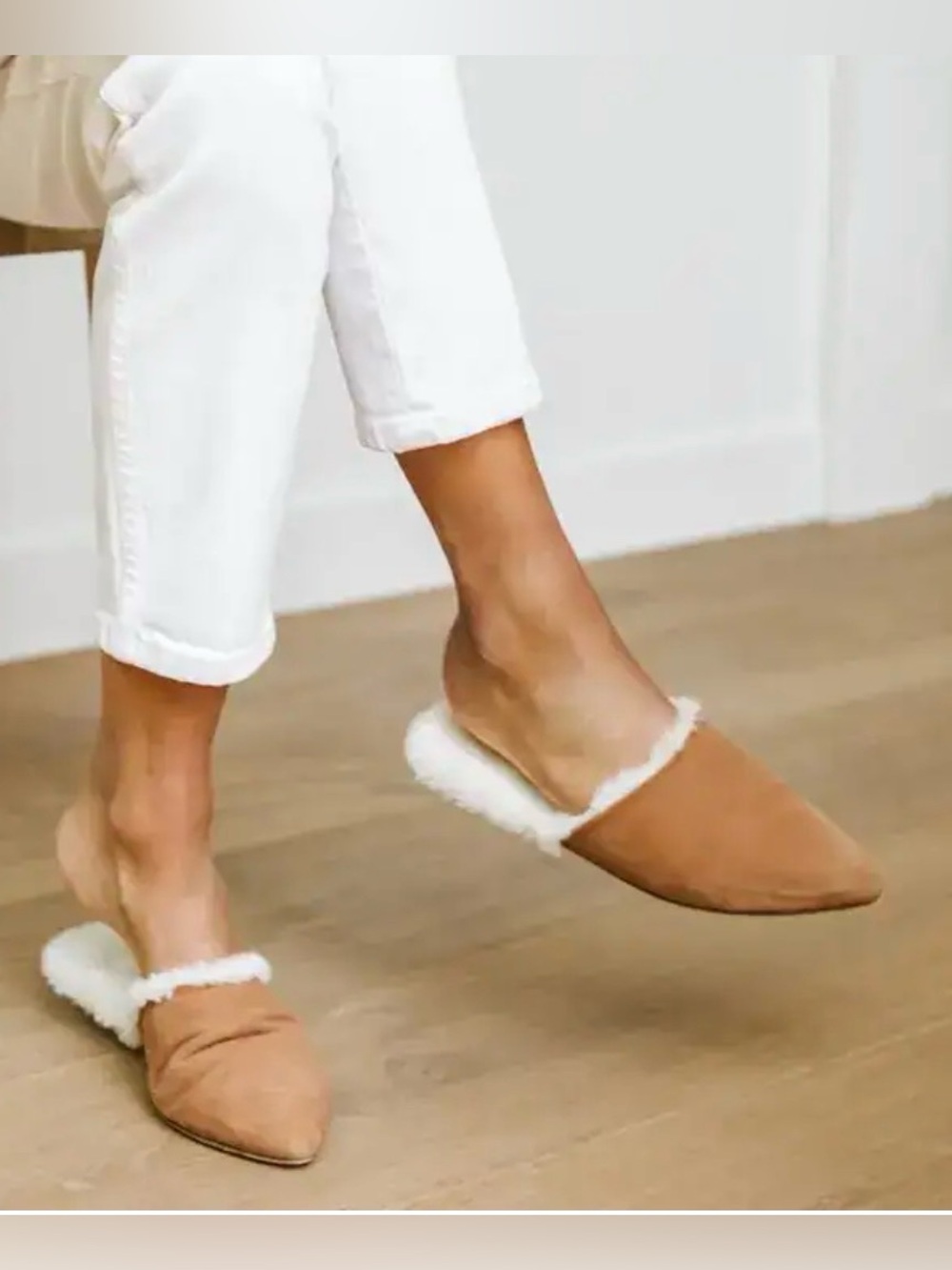 Jenni Kayne Tan Suede Pointed Mule with White Shearling Trim 6